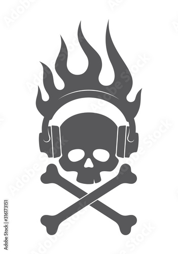 Vector icon silhouette of headphones and skull with crossbones and flames. Isolated on white background.