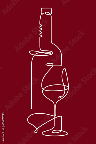 Vertical single outline drawing with a bottle, wine glass, and a corkscrew. Continuous line on a dark background. .Modern design element for wine tasting, menu, wine list, restaurant, winery, shop.
