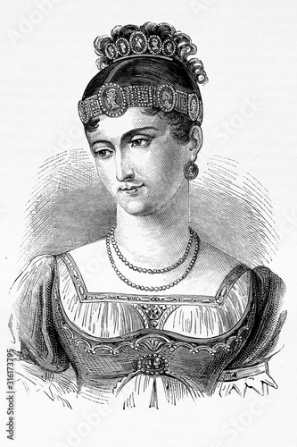 Pauline Bonaparte, Princess of Guastalla, Princess consort of Sulmona, and princess of France. 1780-1825. Antique illustration. 1890. photo