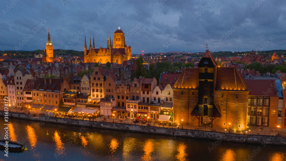 Aerial view on old town in Gdansk by the evening.