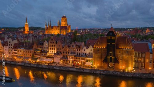 Aerial view on old town in Gdansk by the evening.