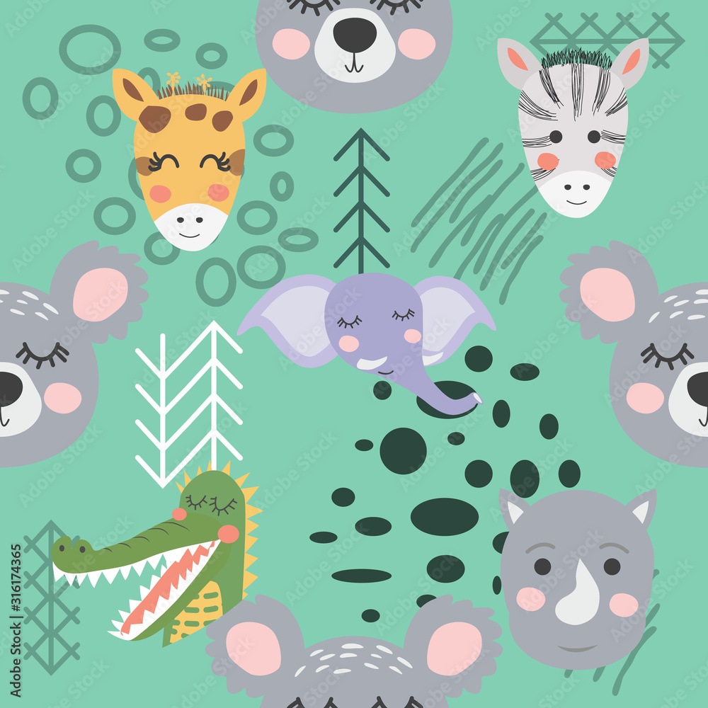 Naklejka premium Cartoon cute animal tribal faces. Boho cute animals pattern
