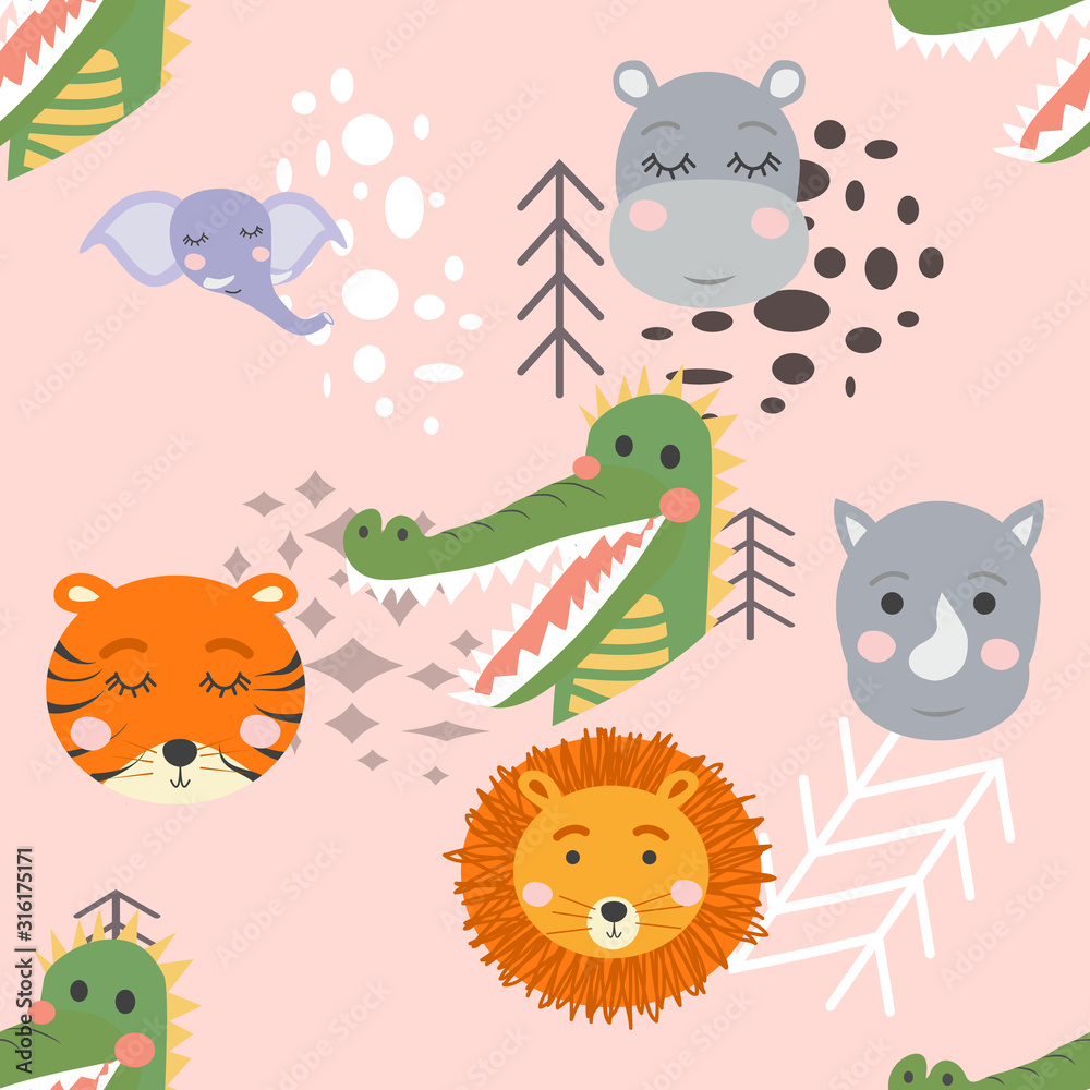 Obraz premium Cartoon cute animal tribal faces. Boho cute animals pattern