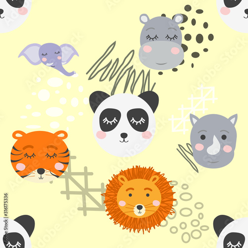 Cartoon cute animal tribal faces. Boho cute animals pattern
