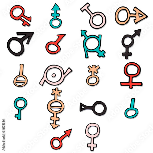 different multicolored gender symbols doodle. vector icon illustration