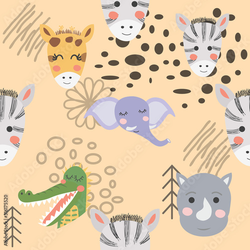 Cartoon cute animal tribal faces. Boho cute animals pattern