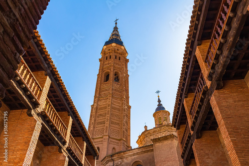 View from the cloister of the Collegiate Church of Santa María la Mayor of the Mudejar style tower, Calatayud, Aragon, Spain photo