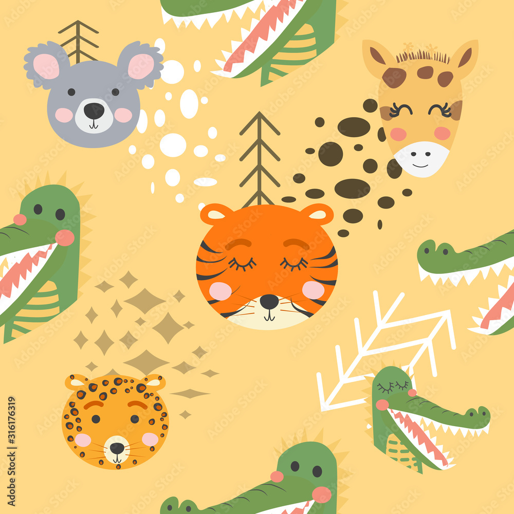 Seamless pattern with rhinoceros, elephant, crocodile. Creative bay animals background. Seamless pattern with rhinoceros, elephant, crocodile. Creative bay animals background.