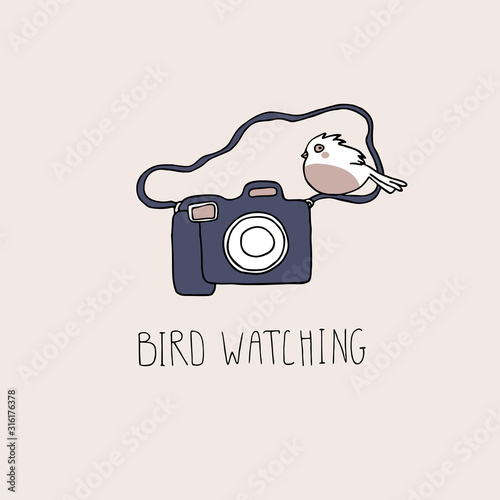 Birdwatching and ornithology concept. Bird watching icon, logo, emblem. Birding vector illustration with birdwatcher camera and a cute cartoon bird in doodle style