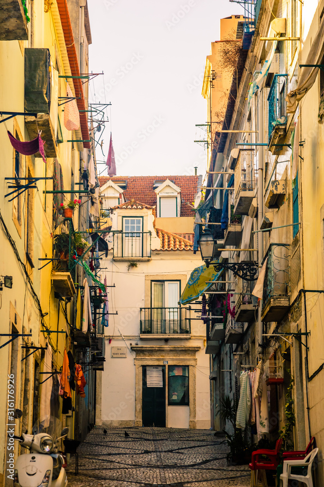Street and balconies in the old Alfama district of Lisbon