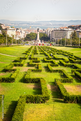 Marquis of Pombal Square and its statue from the viewpoint of the Eduardo VII Park in Lisbon Portugal