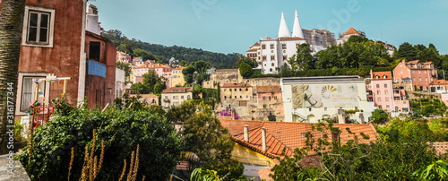 Panoramic view of the Palace of Sintra, also called Town Palace (Palácio da Vila) located in the town of Sintra, in the Lisbon District of Portugal