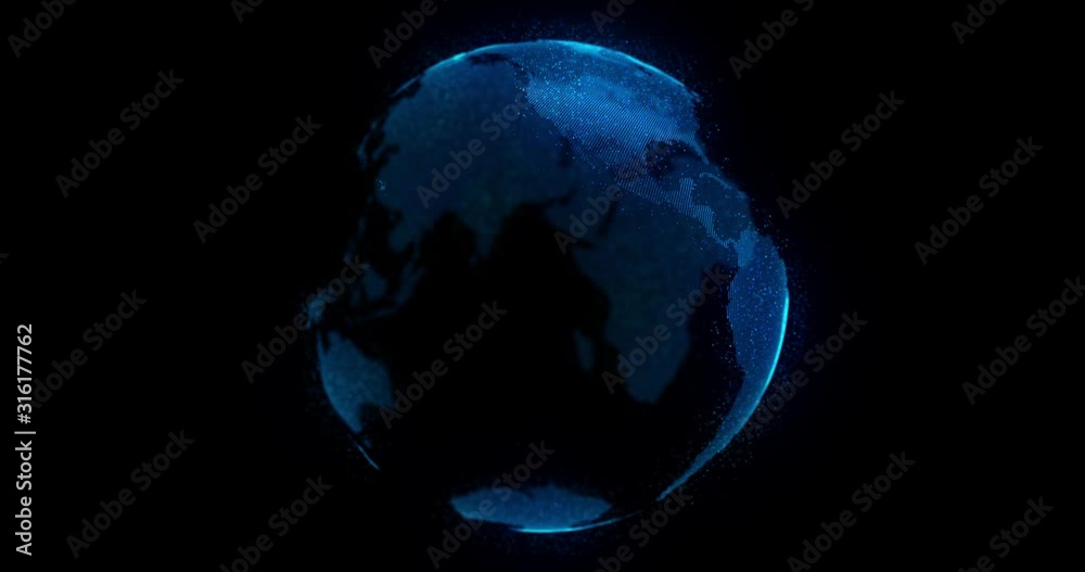 Earth globe rotation animation with glowing dot particles for abstract technology concept as internet of things (IoT), big data science, isolated on black background, 4k 60 fps seamless loop footage
