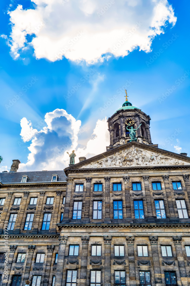 The Royal Palace of Amsterdam on a sunny day.