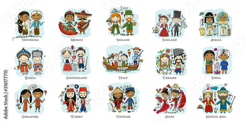 Couple in love, national costume. People in different countries, cards collection for your design