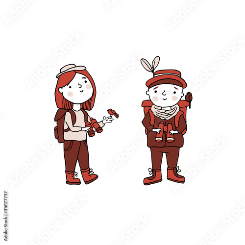 Birdwatching and ornithology concept. Young boy and girl bird watching with binoculars. Vector illustration of cute kids watching the birds and feeding them. Man and woman observe birds