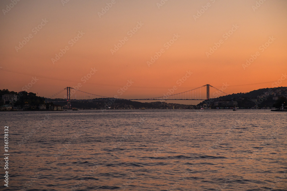 Obraz premium Istanbul, Turkey- October, 2019. Wide angle view from Golden Horn Metro Bridge, a cable-stayed bridge along the M2 line of the Istanbul Metro, spanning the Golden Horn in Istanbul, Turkey.