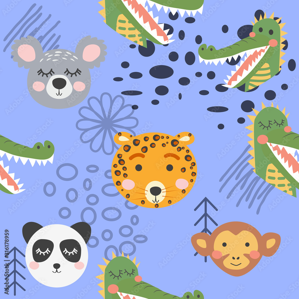 Cute hand drawn nursery seamless pattern with wild animals in scandinavian style Cute hand drawn nursery seamless pattern with wild animals in scandinavian style