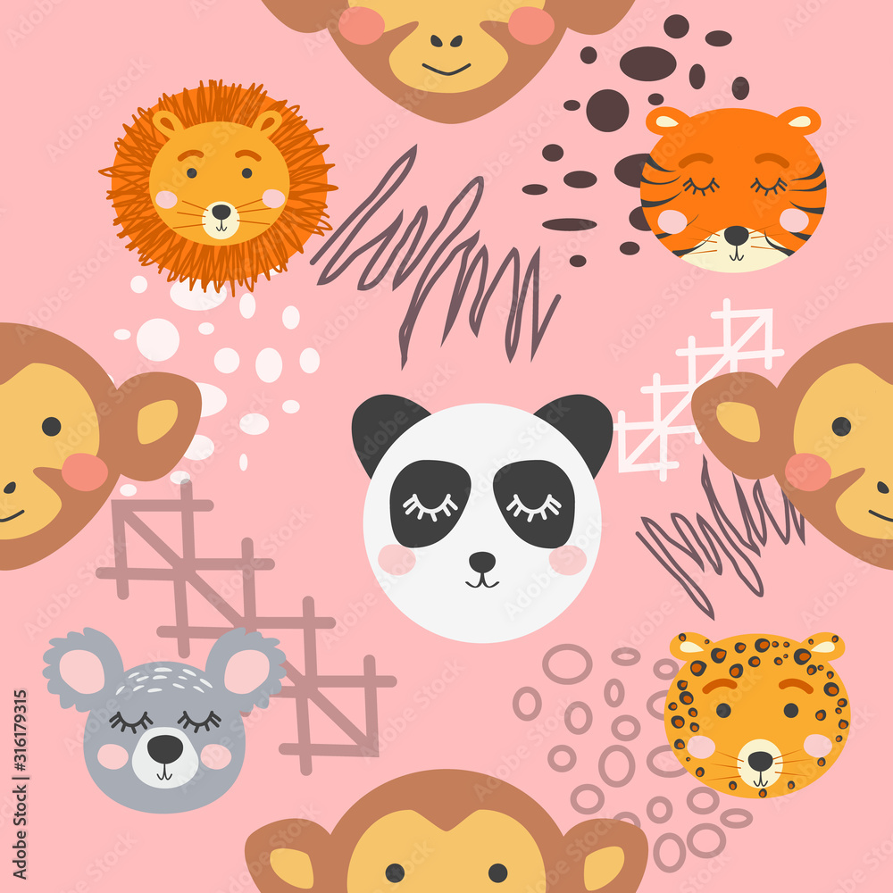Seamless childish pattern with cute animal faces. Creative nursery background Seamless childish pattern with cute animal faces. Creative nursery background