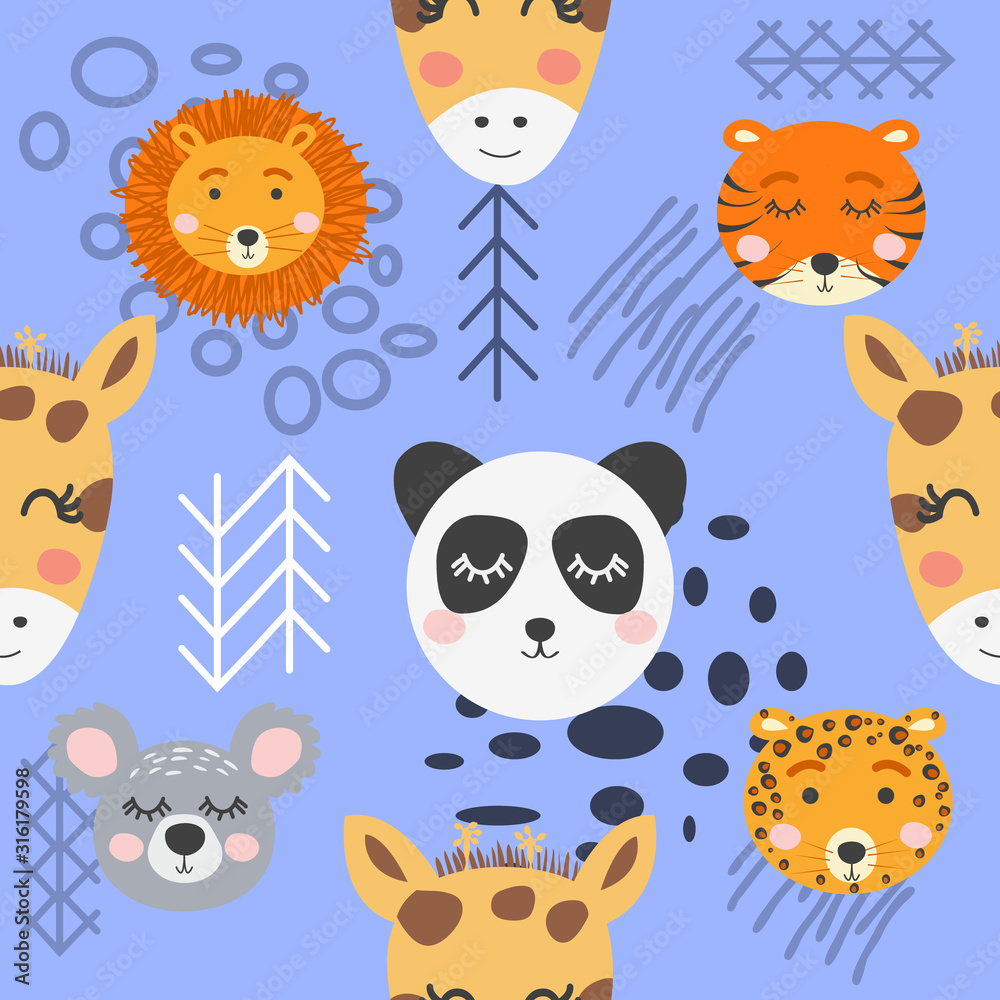 Seamless childish pattern with cute animal faces. Creative nursery background Seamless childish pattern with cute animal faces. Creative nursery background