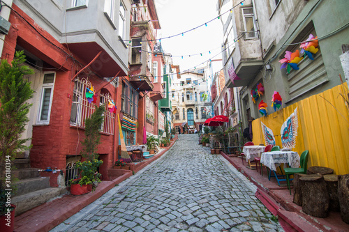 ISTANBUL, TURKEY - October, 2019: Colorful Houses in old city Balat, Istanbul, Turkey.