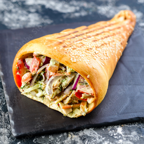 Turkish Street Food Pastry with Meat and Vegetables