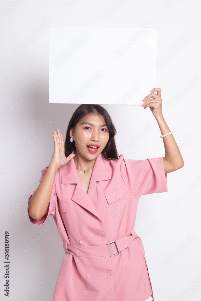 Young Asian woman surprise with white blank sign.