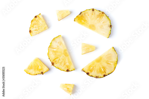 .Pineapple fly sliced piece collection set. .Set of pineapple Fruit food on white isolated .Clipping path.