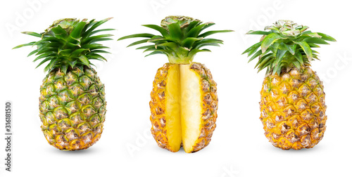 .Pineapple full size sliced piece collection set. .Set of pineapple Fruit food on white isolated .Clipping path.