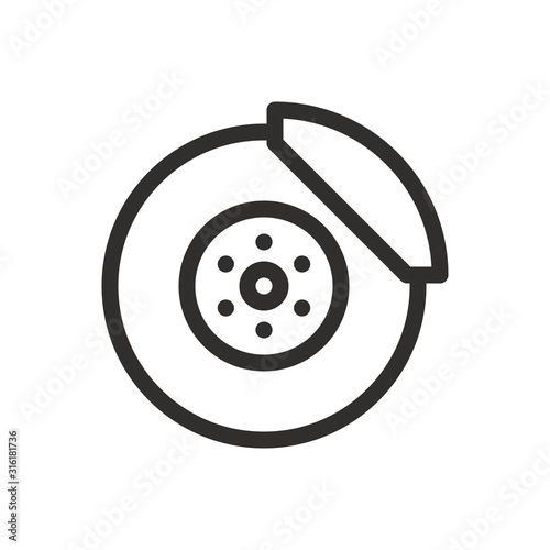 Brake disc isolated icon, front brake disk outline vector icon