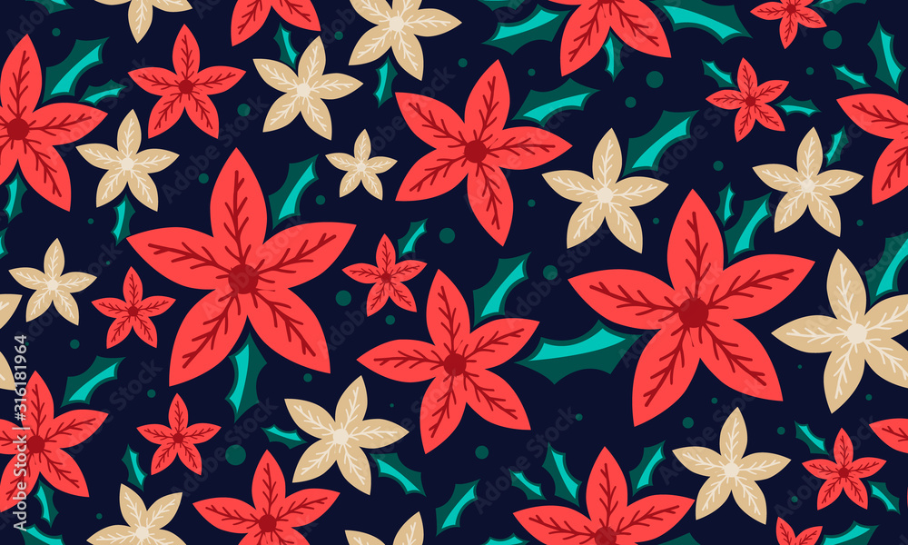 Beautiful red flower for Christmas, with seamless leaf and floral pattern decor. Beautiful red flower for Christmas, with seamless leaf and floral pattern decor.