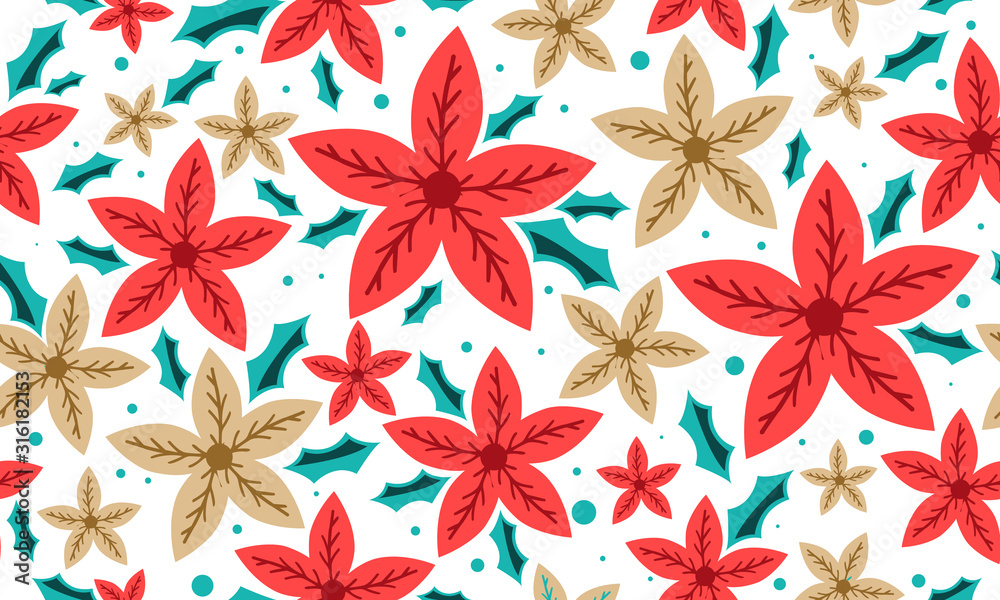 Beautiful red flower for Christmas, with seamless leaf and floral pattern decor. Beautiful red flower for Christmas, with seamless leaf and floral pattern decor.