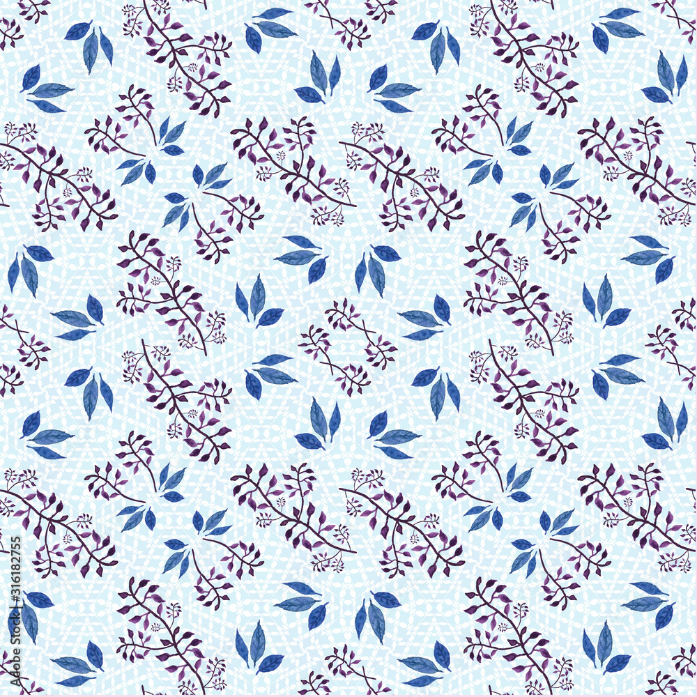 A seamless watercolor pattern with purple leaves and branches. Design for card, poster or wallpaper.