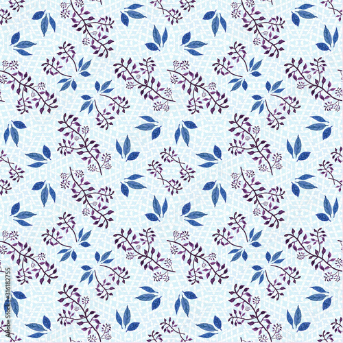 A seamless watercolor pattern with purple leaves and branches. Design for card  poster or wallpaper.