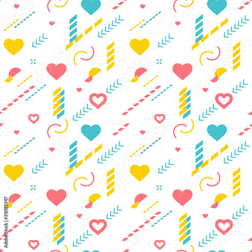 Seamless pattern with bright heart, dynamic shapes and other geometric particles. Concept love. Vector white background.