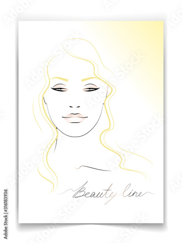  light outline of a female beautiful face on a white background, beauty illustration, print for cosmetic products