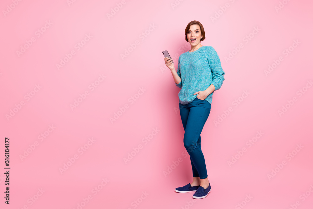 Full length body size view of her she nice attractive lovely cheerful cheery glad brown-haired girl using cell 5g app fast speed web service isolated over pink pastel color background Full length body size view of her she nice attractive lovely cheerful cheery glad brown-haired girl using cell 5g app fast speed web service isolated over pink pastel color background