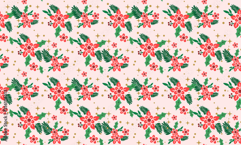 Template of red flower pattern background for Christmas, with leaf and flower design.
