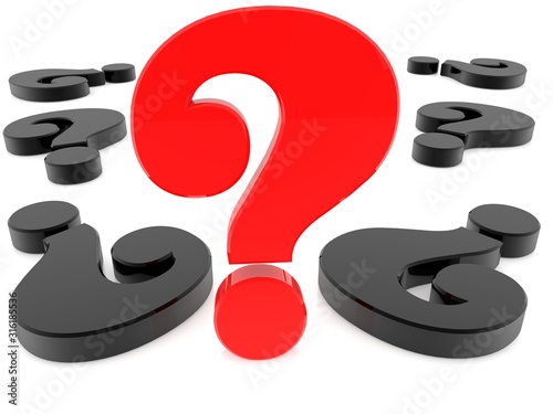 Red question mark between black question marks on white