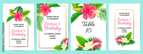 Invitations with tropical flowers, jungle leaves. Vector illustration summer templates. Place for text. Great for wedding, SPA flyer, beauty offer, poster, baby shower, bridal shower, tropical party.