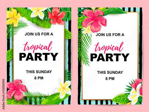 Summer background with jungle leaves and flowers. Tropical party invitation set. Place for text. Great for flyer, baby shower invitation, wedding, poster.