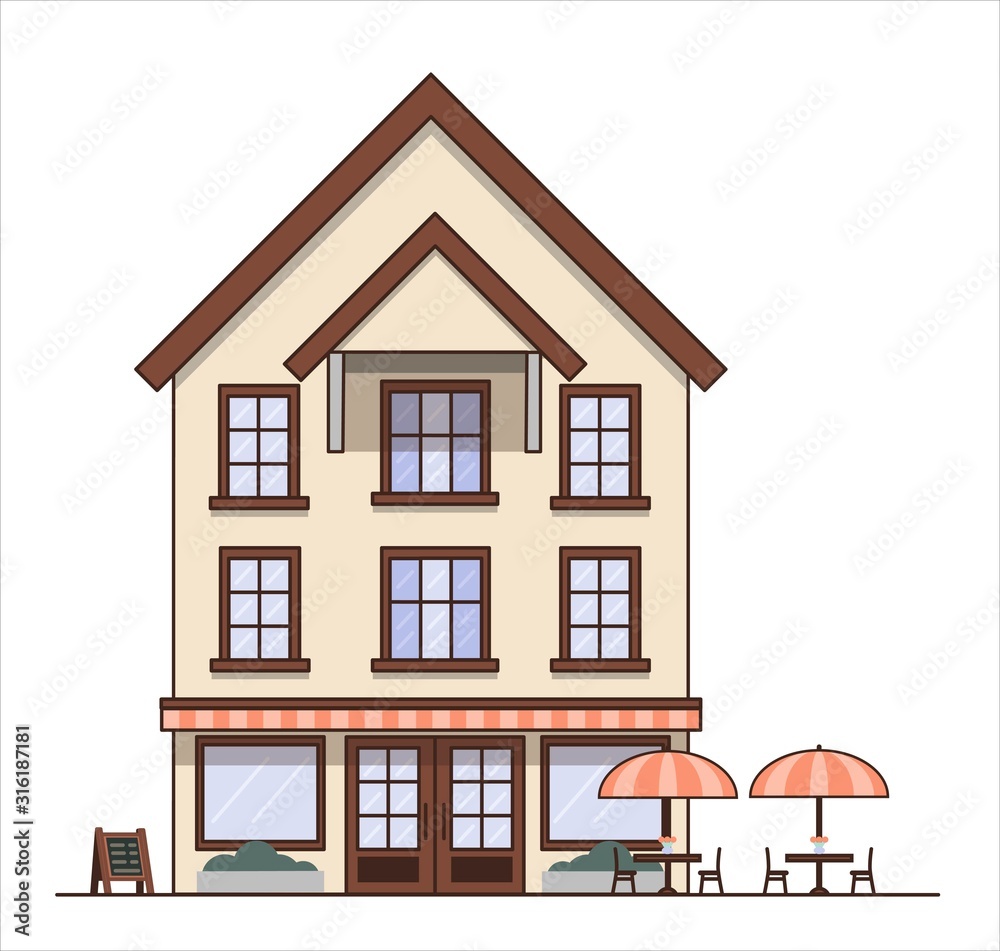 Flat colred house or hotel with a cafe on the first floor. Vector illustration on white background Flat colred house or hotel with a cafe on the first floor. Vector illustration on white background
