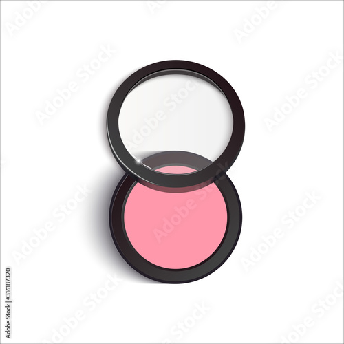 Realistic cheek blush package top view. 3d mockup container with compact blusher, makeup product. Decorative cosmetic close up isolated on white background. Vector illustration