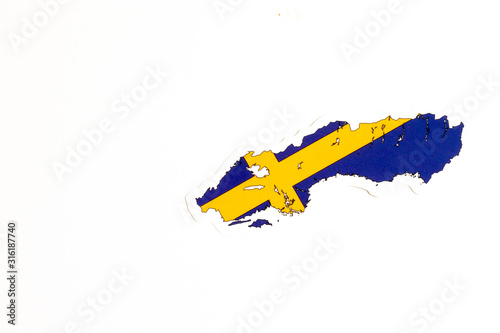 National flag of Sweden. Country outline on white background with copy space. Politics illustration