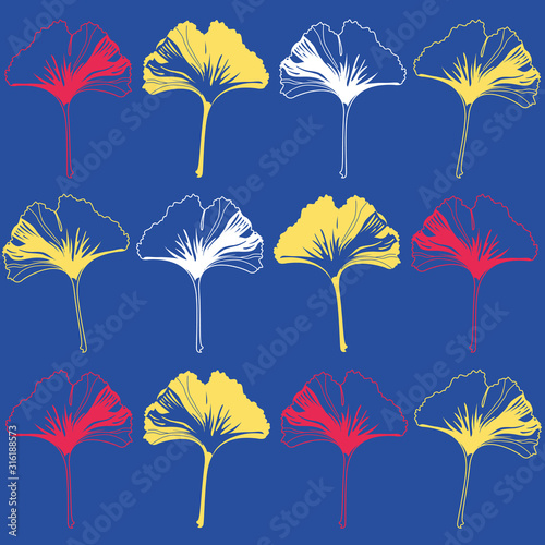 Vector seamless pattern ginko wax with yellow, white, red ginkgo leaves