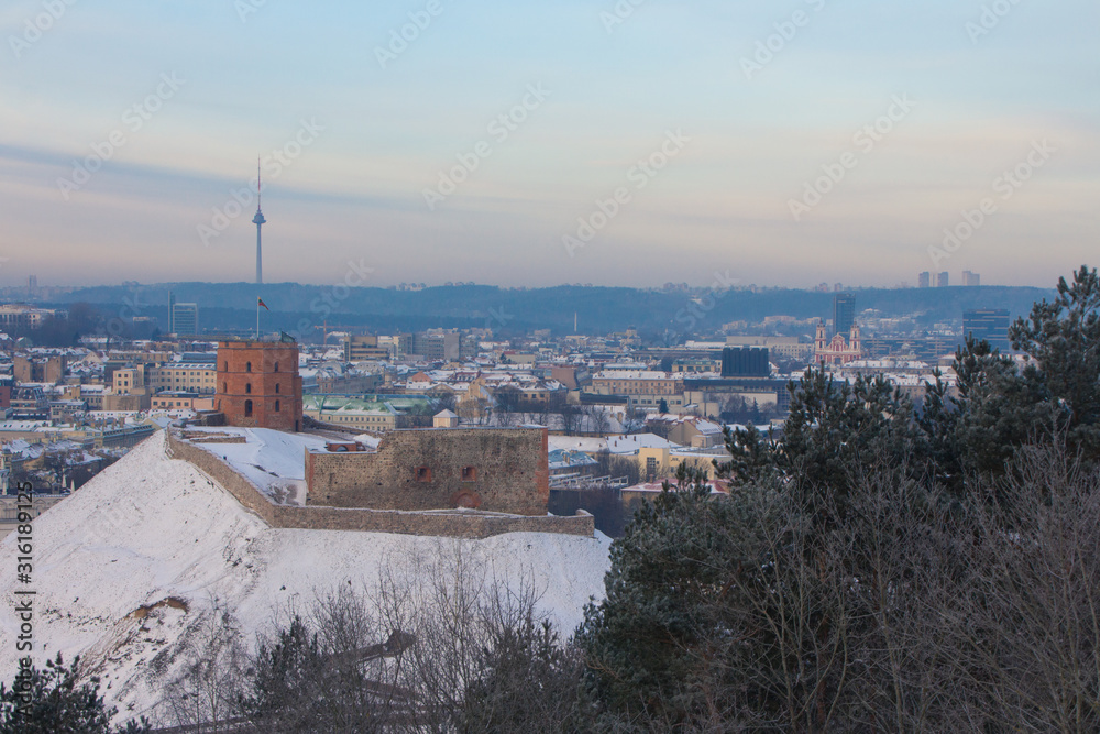 View from the high point on the tower and hill of Gediminas in Vilnius in winter. Lithuania