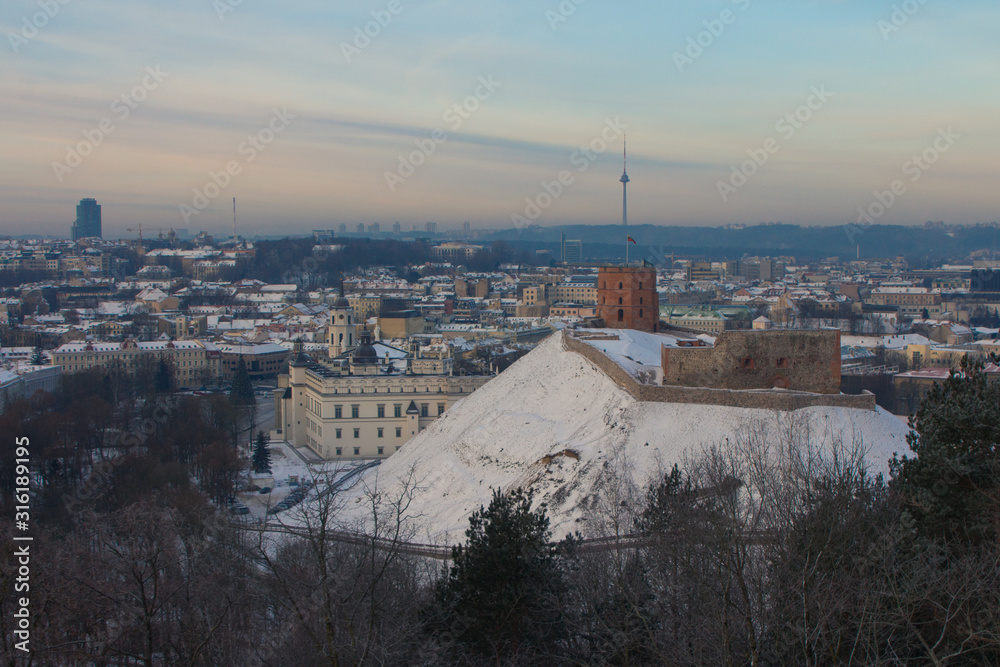 View from the high point on the tower and hill of Gediminas in Vilnius in winter. Lithuania