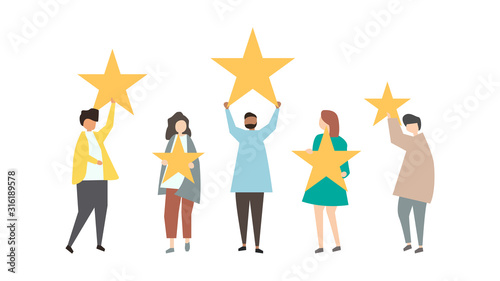 Happy people are holding review stars over their heads. Five stars rating. Customer review rating and client feedback concept. Modern vector illustration. Business illustration isolated on white
