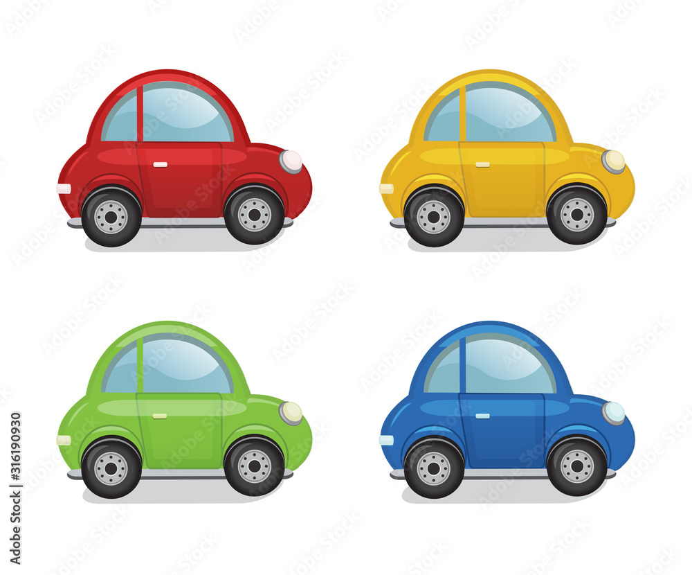 Toy cars on white background. Red, yellow, green and blue car. Vector  illustration in cartoon style Stock Vector | Adobe Stock