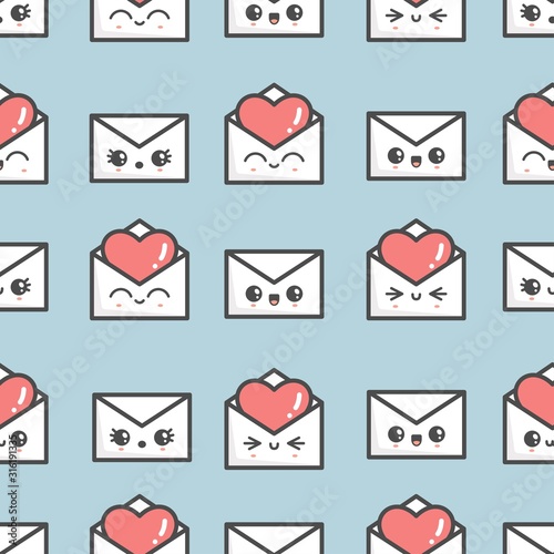 St Valentine's mail theme. Love concept. Cute kawaii romantic envelopes. Various emotions. Japanese manga style. Funny anime characters with faces. Trendy vector seamless pattern. Blue background